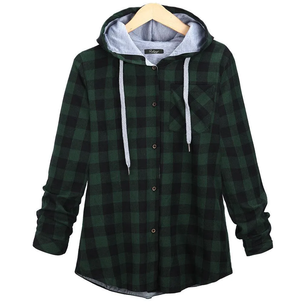 Women's Long Sleeve Button Up Hooded Plaid Shirts for Spring