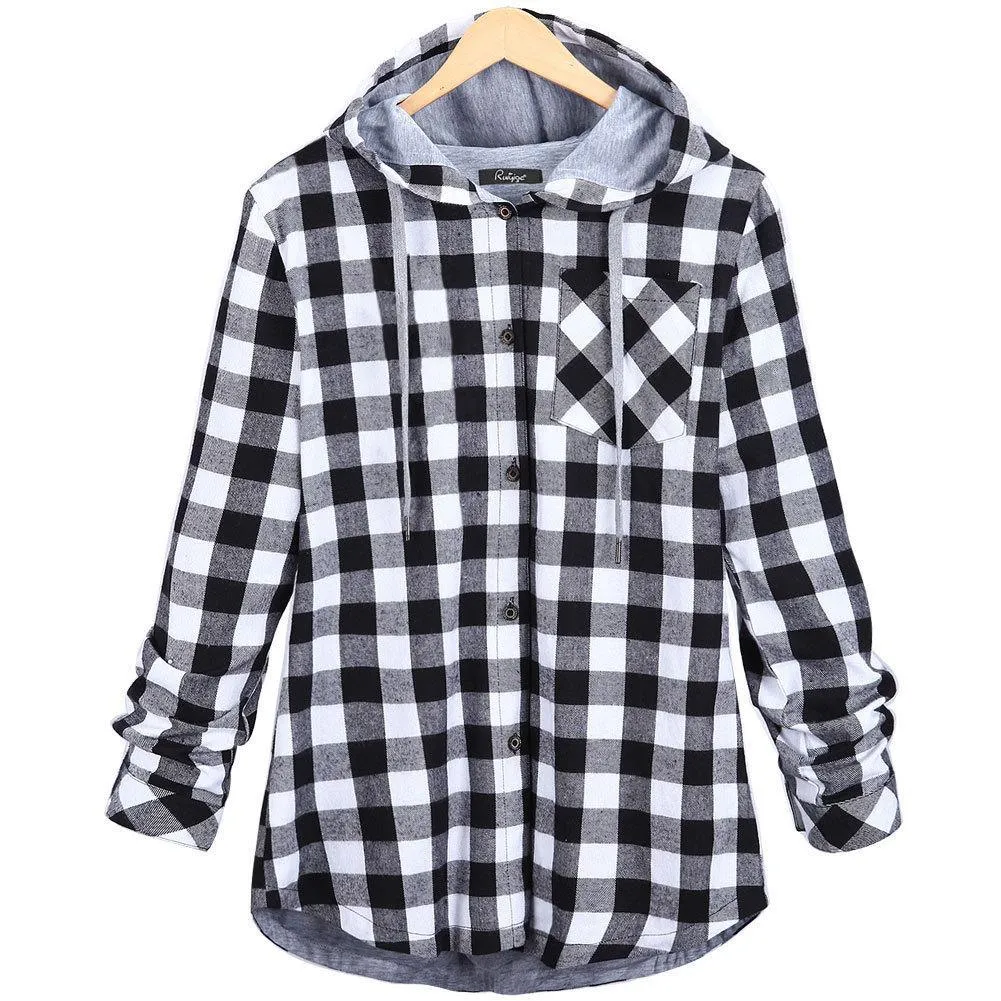 Women's Long Sleeve Button Up Hooded Plaid Shirts for Spring