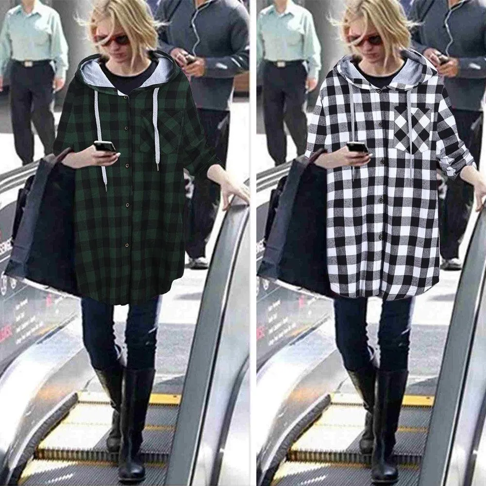 Women's Long Sleeve Button Up Hooded Plaid Shirts for Spring