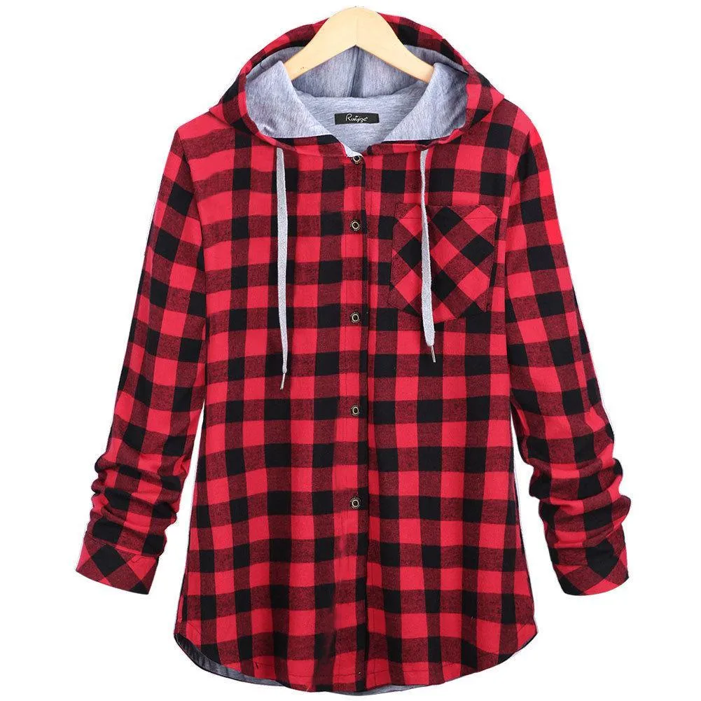 Women's Long Sleeve Button Up Hooded Plaid Shirts for Spring