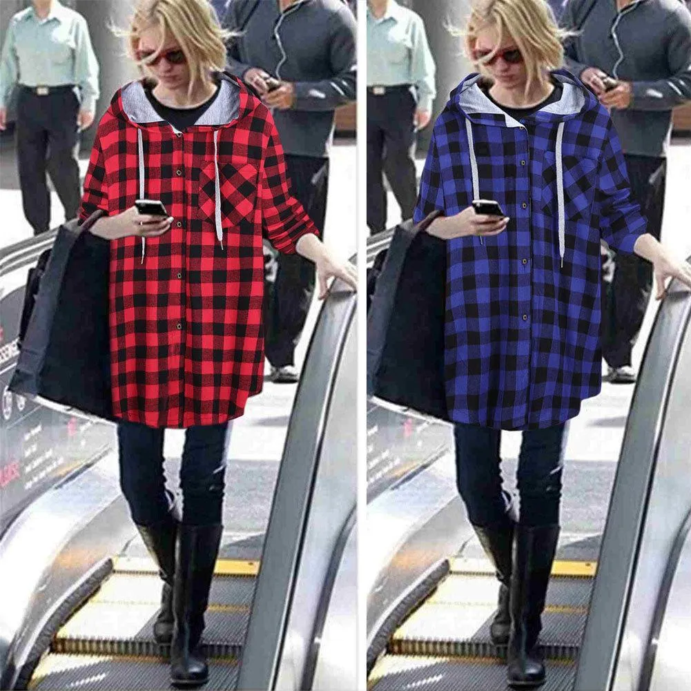 Women's Long Sleeve Button Up Hooded Plaid Shirts for Spring