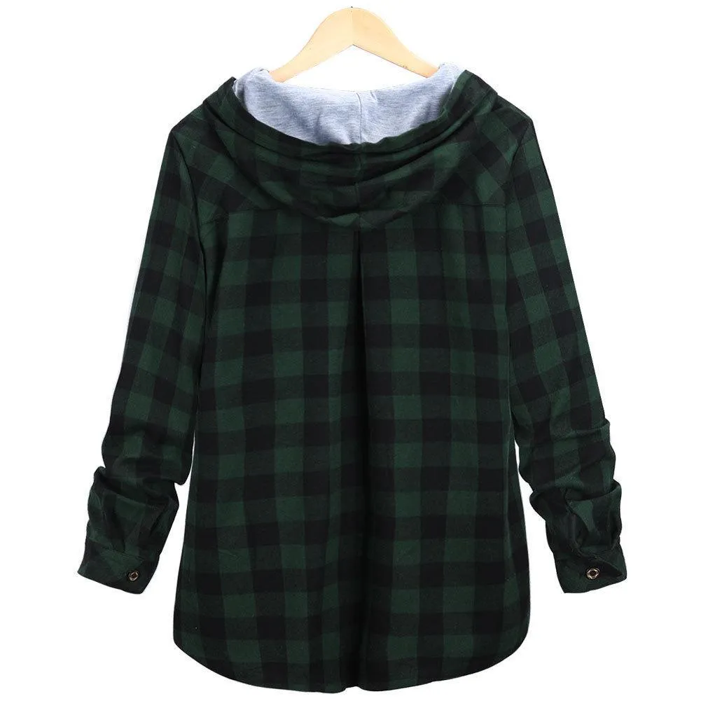 Women's Long Sleeve Button Up Hooded Plaid Shirts for Spring