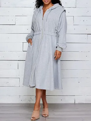 WOMEN'S LONG SLEEVE ZIP UP HOODED MIDI DRESS