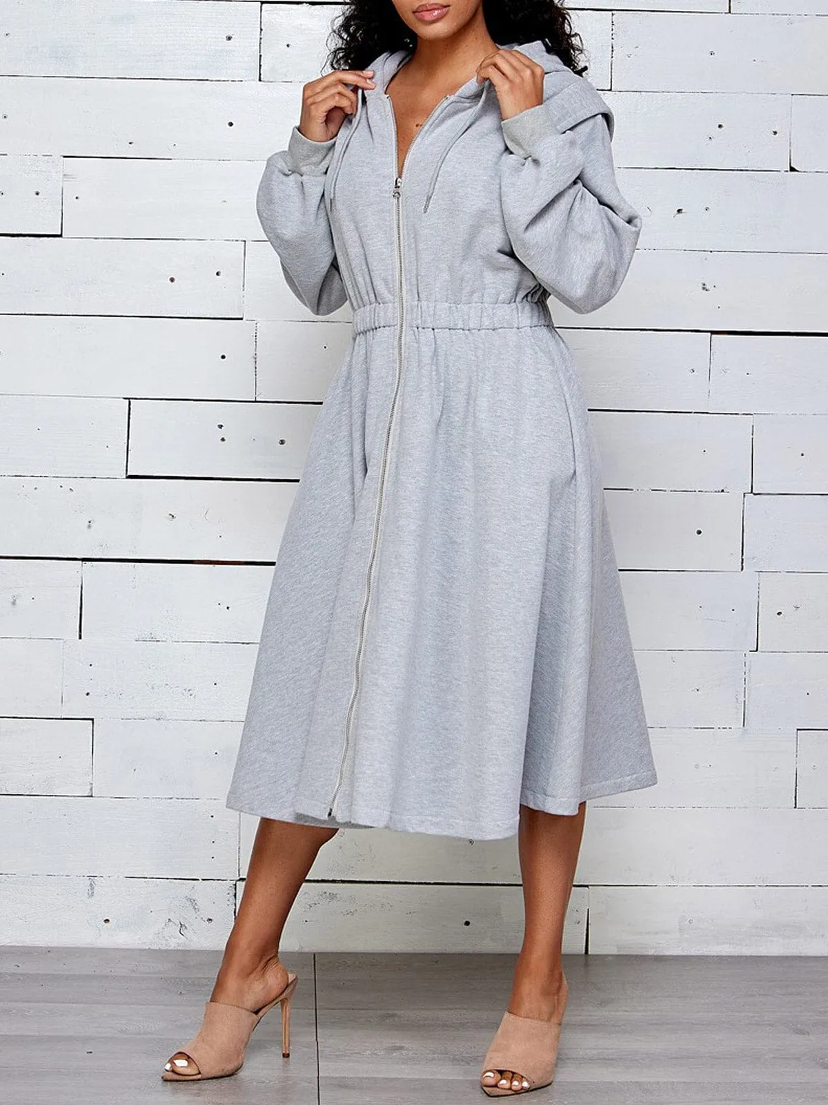 WOMEN'S LONG SLEEVE ZIP UP HOODED MIDI DRESS