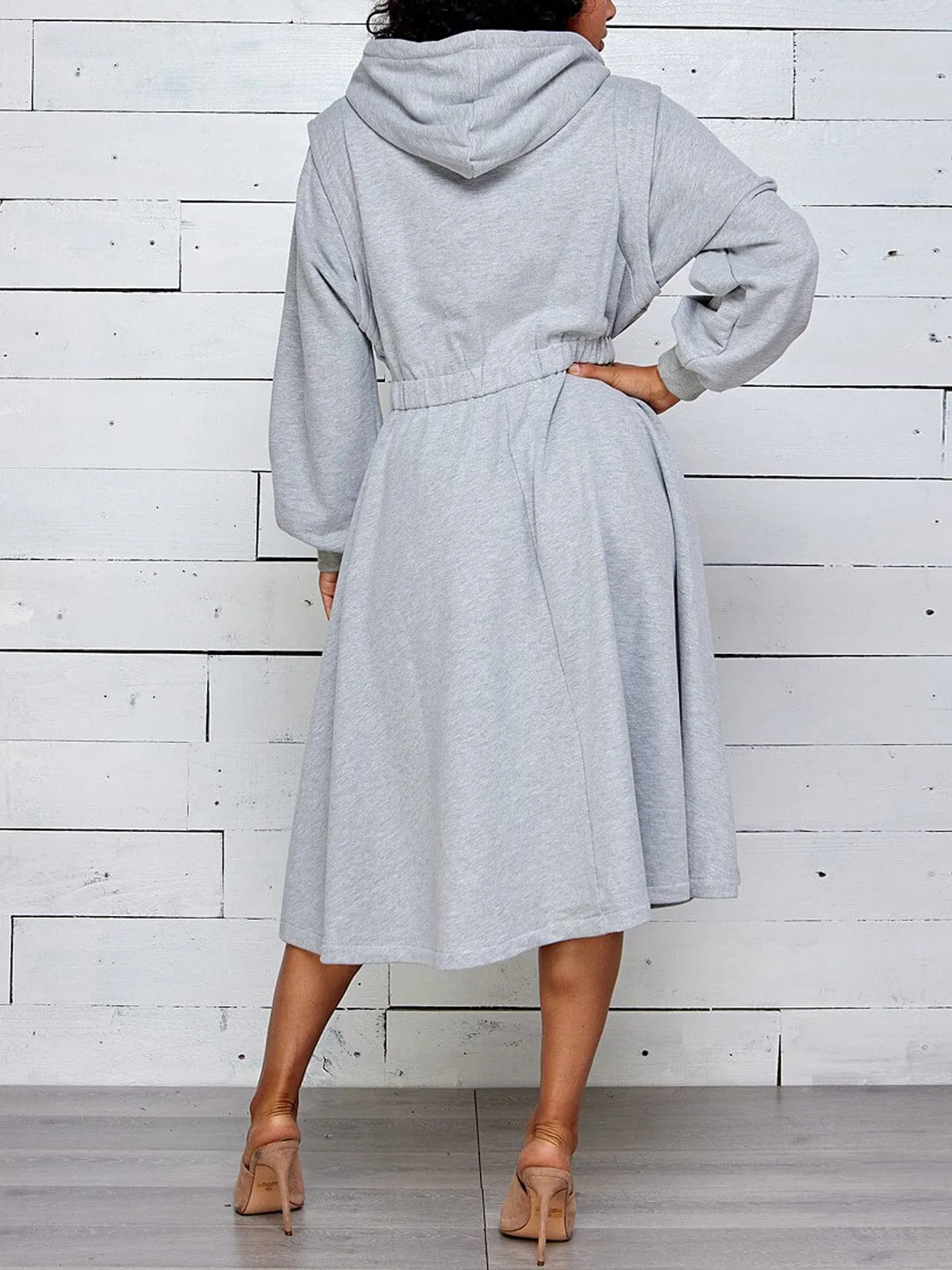 WOMEN'S LONG SLEEVE ZIP UP HOODED MIDI DRESS