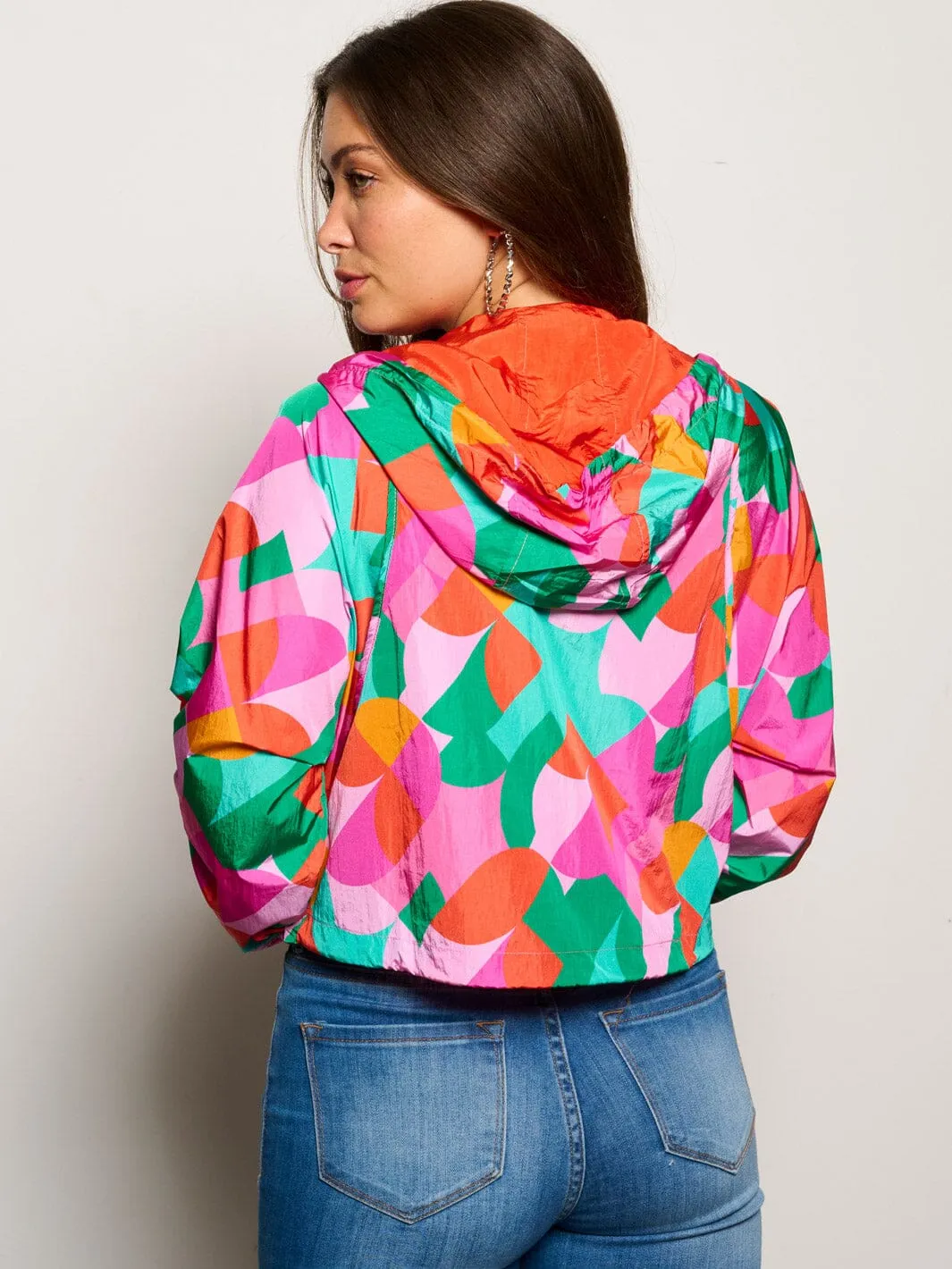 WOMEN'S LONG SLEEVE ZIP UP HOODED POCKETS MULTI PRINT JACKET