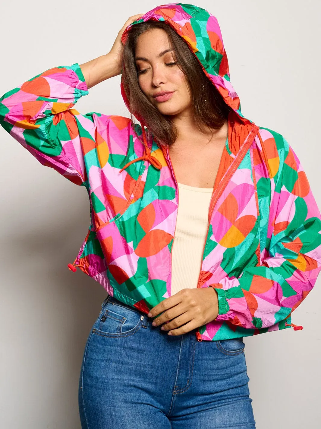 WOMEN'S LONG SLEEVE ZIP UP HOODED POCKETS MULTI PRINT JACKET