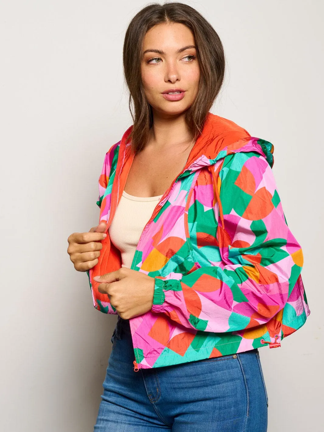 WOMEN'S LONG SLEEVE ZIP UP HOODED POCKETS MULTI PRINT JACKET