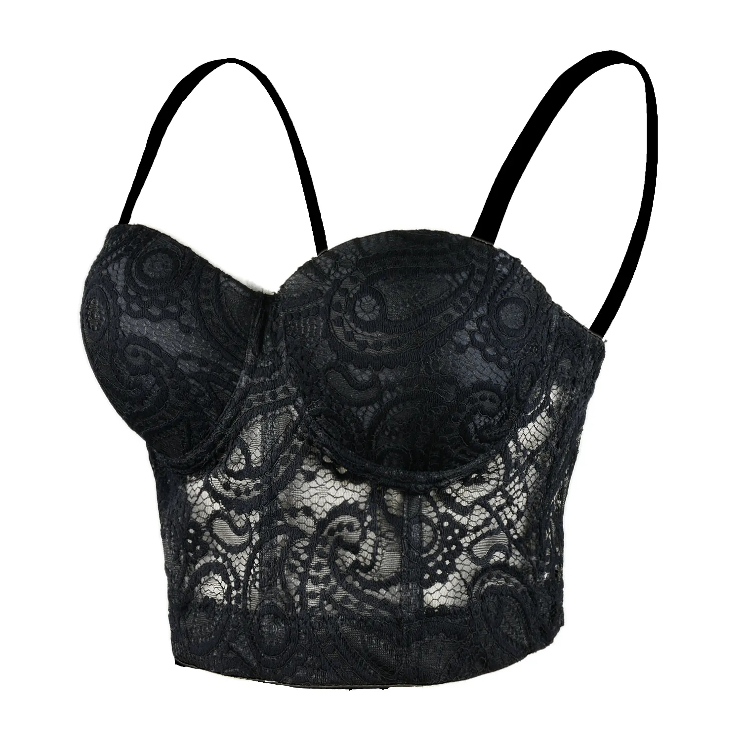 Women's Paisley Mesh Lace Bustier Crop Top Sexy Corset Top Bra Black