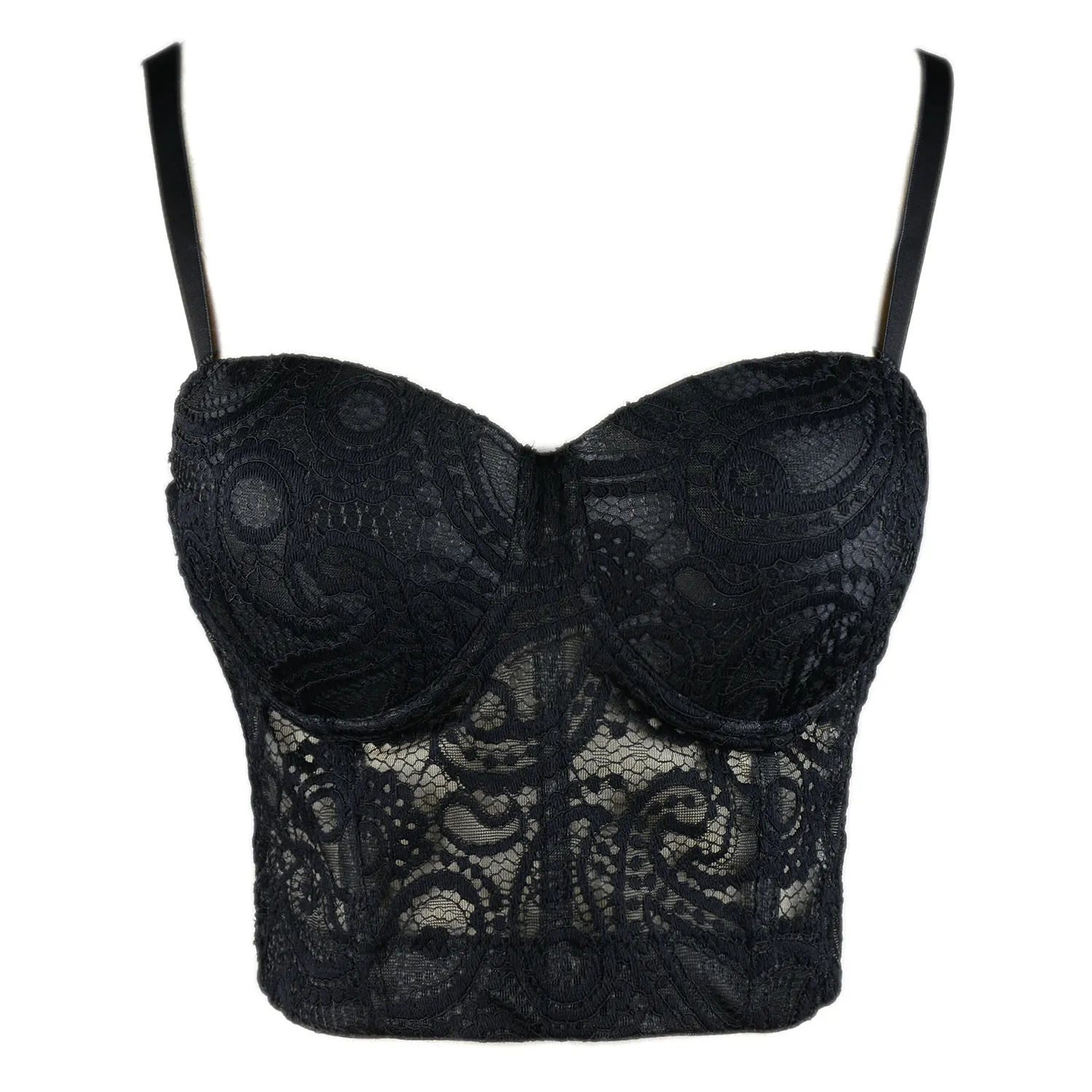 Women's Paisley Mesh Lace Bustier Crop Top Sexy Corset Top Bra Black