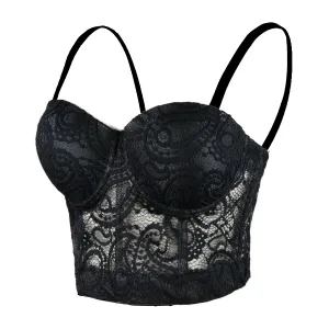 Women's Paisley Mesh Lace Bustier Crop Top Sexy Corset Top Bra Black