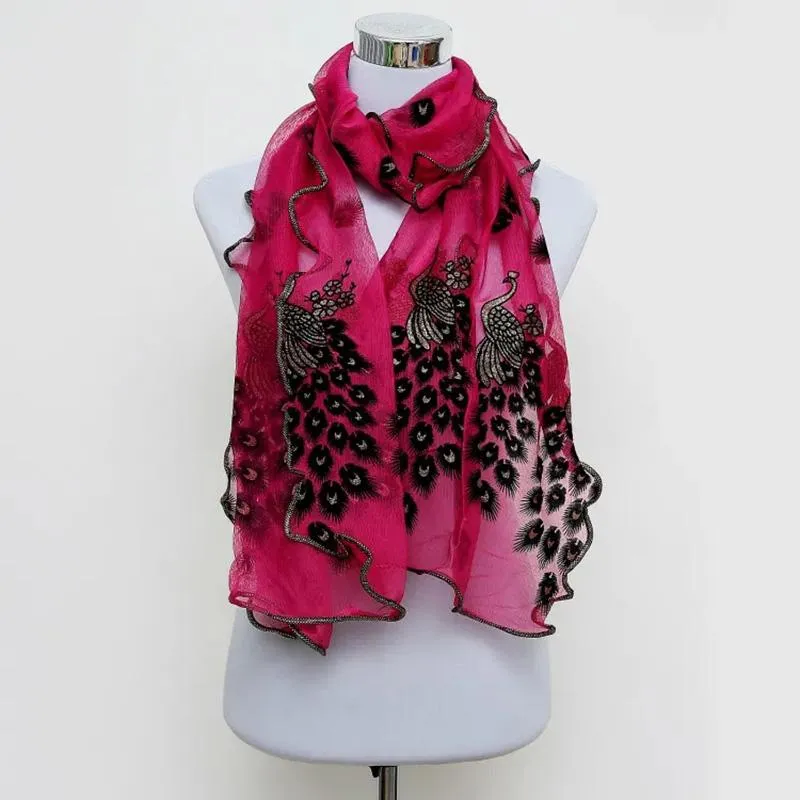 Women's Peacock Embroidery Scarf Bronzing Peacock Silk Scarf Lace Gauze Edging Solid All Match Neck Collar Scarves High Quality Neckerchief Shawls