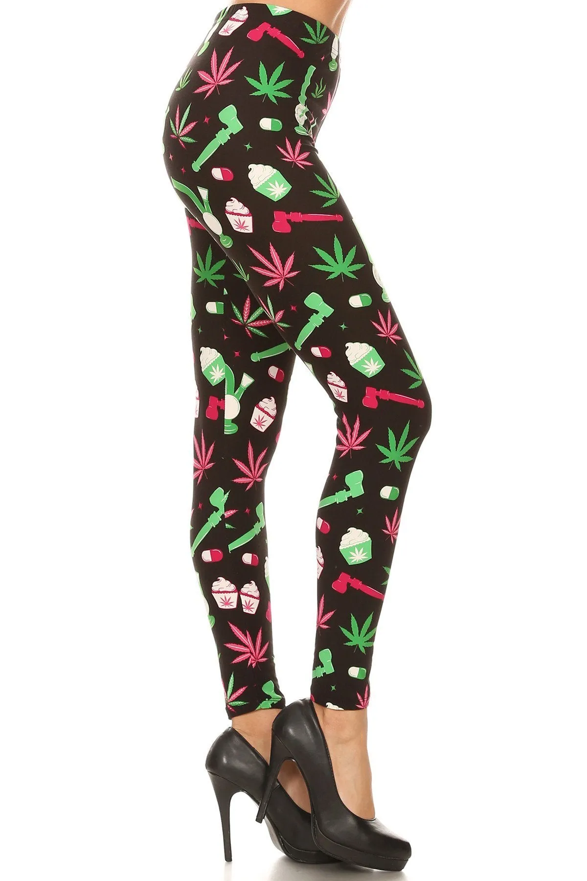 Women's Regular Green Leaf Cannabis Pattern Printed Leggings
