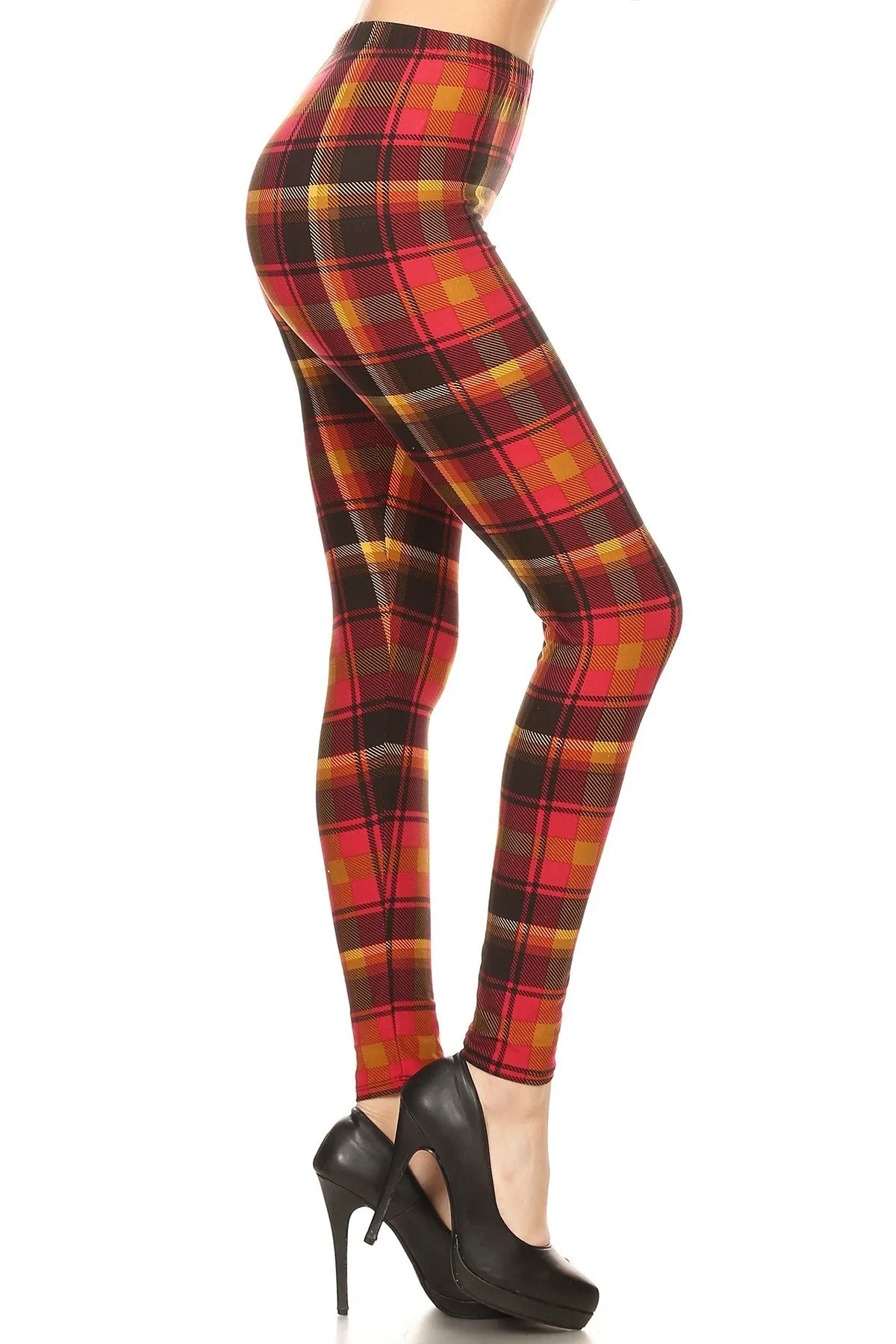 Women's Regular Red Mustard Plaid Pattern Printed Leggings