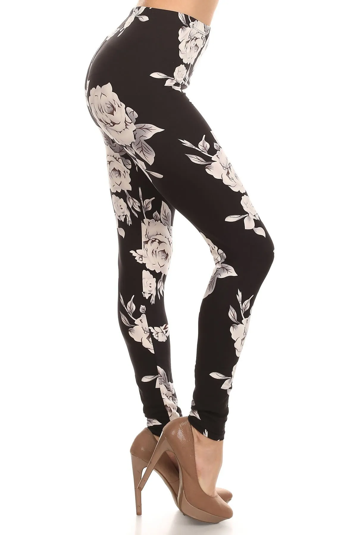 Women's Regular White Big Rose Floral Pattern Printed Leggings - Black White