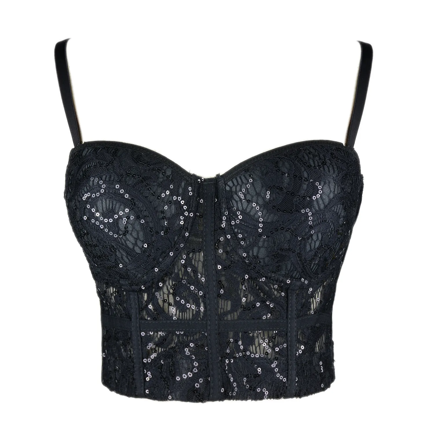Women's Sequin Lace Bustier Crop Top Sexy Mesh Corset Vest Black