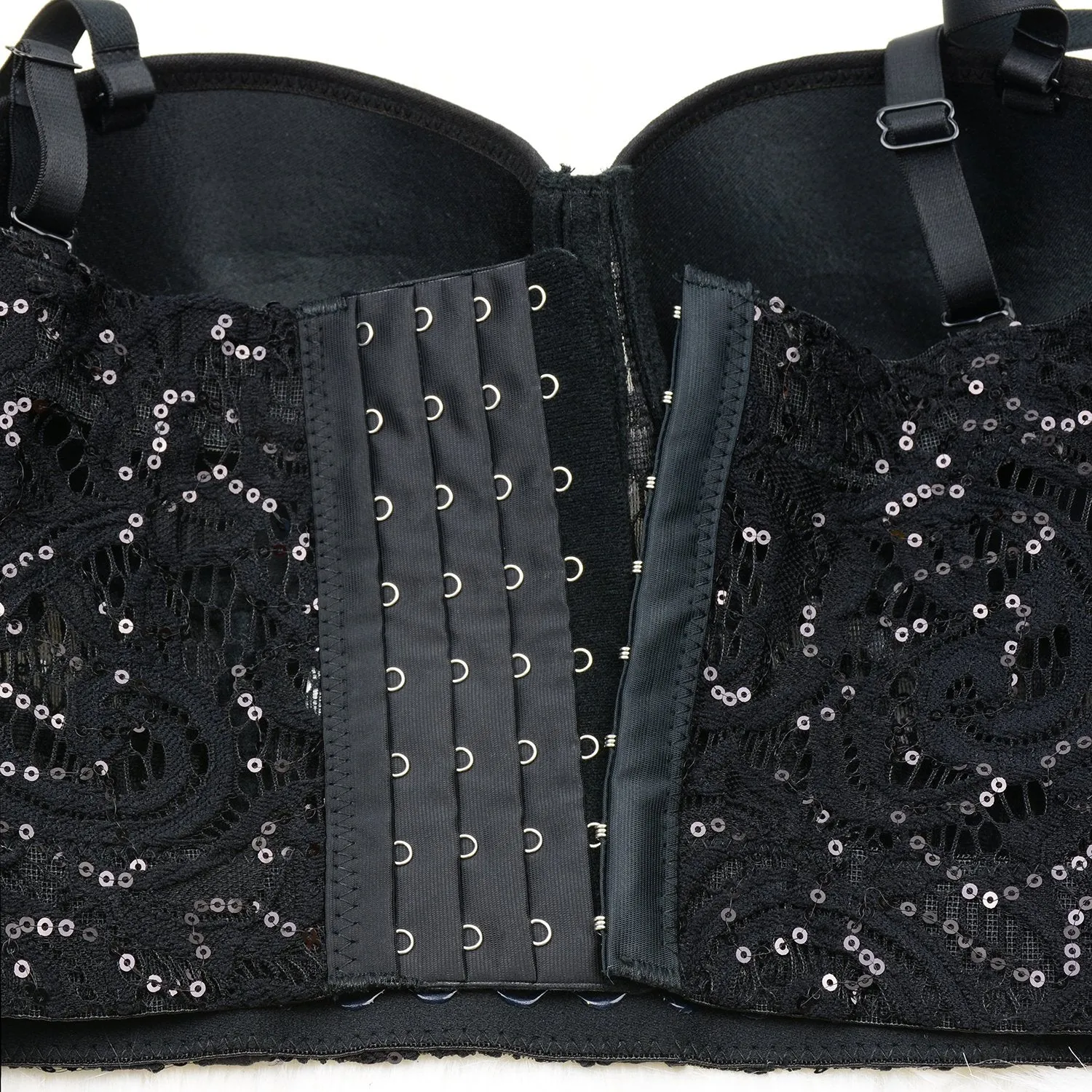 Women's Sequin Lace Bustier Crop Top Sexy Mesh Corset Vest Black