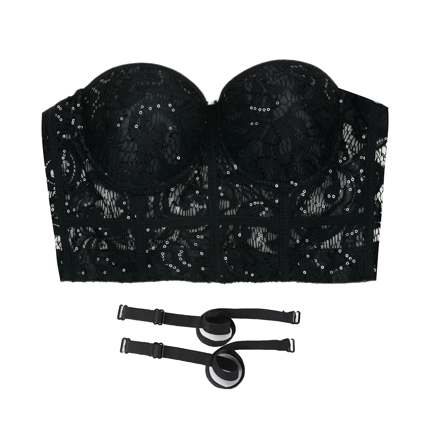 Women's Sequin Lace Bustier Crop Top Sexy Mesh Corset Vest Black