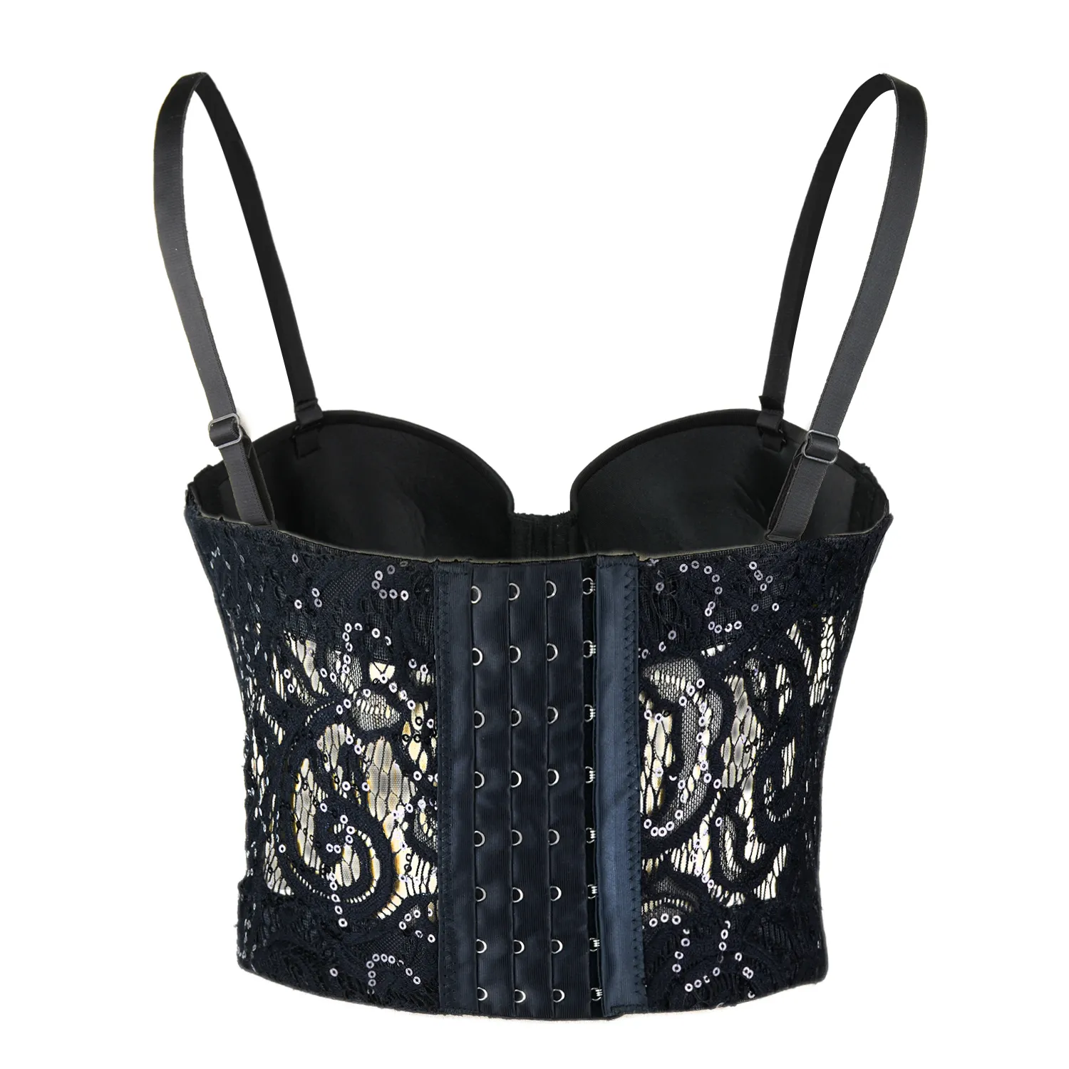 Women's Sequin Lace Bustier Crop Top Sexy Mesh Corset Vest Black
