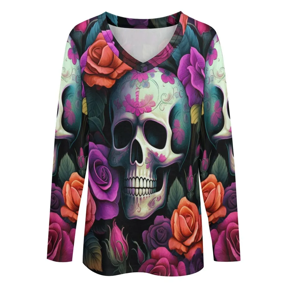 Women's 💀👩 Skull Floral Long Sleeve Loose Top