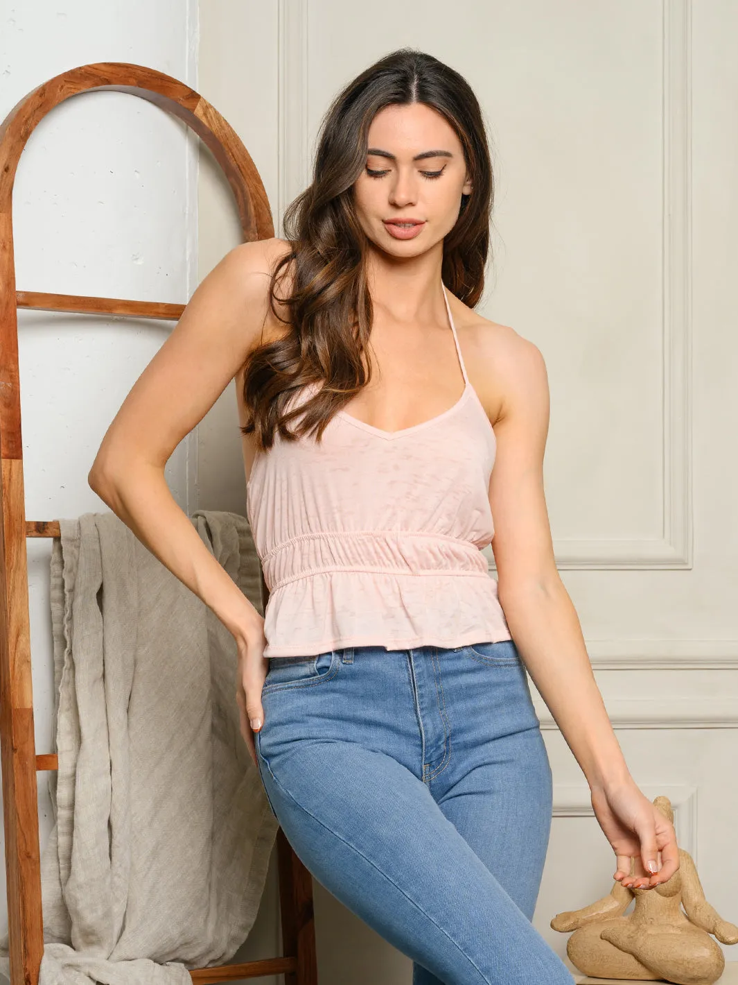 WOMEN'S SLEEVELESS HALTER ELASTIC WAIST TANK TOP