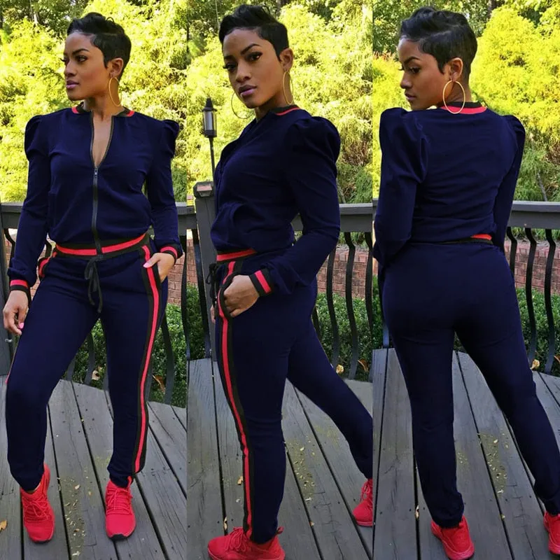 Women's Tracksuits Two Piece Stripe Jogger V Neck Sweatsuits Plus Size