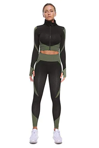 Women's 2 Piece Workout Set Long Sleeve Tracksuit Thumb Hole Front Zipper Crop Top with High Waist Breathable Running  Yoga Leggings  (Peacock Blue, S)