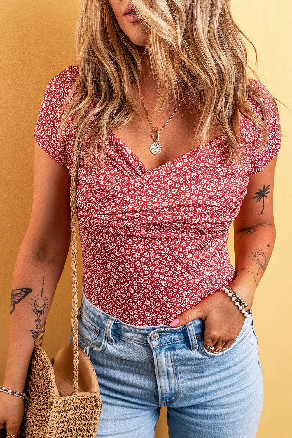 Wrapped Short Sleeve Floral Bodysuit
