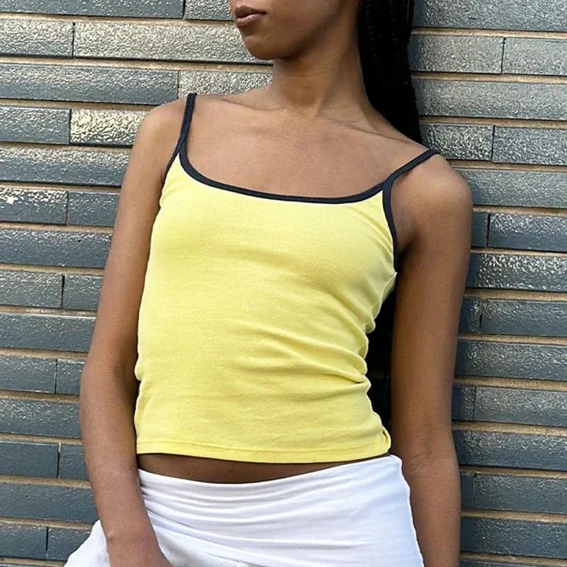 Y2K Cute Contrast Trim Spaghetti Strap Vintage Aesthetic Cottage Crop Top