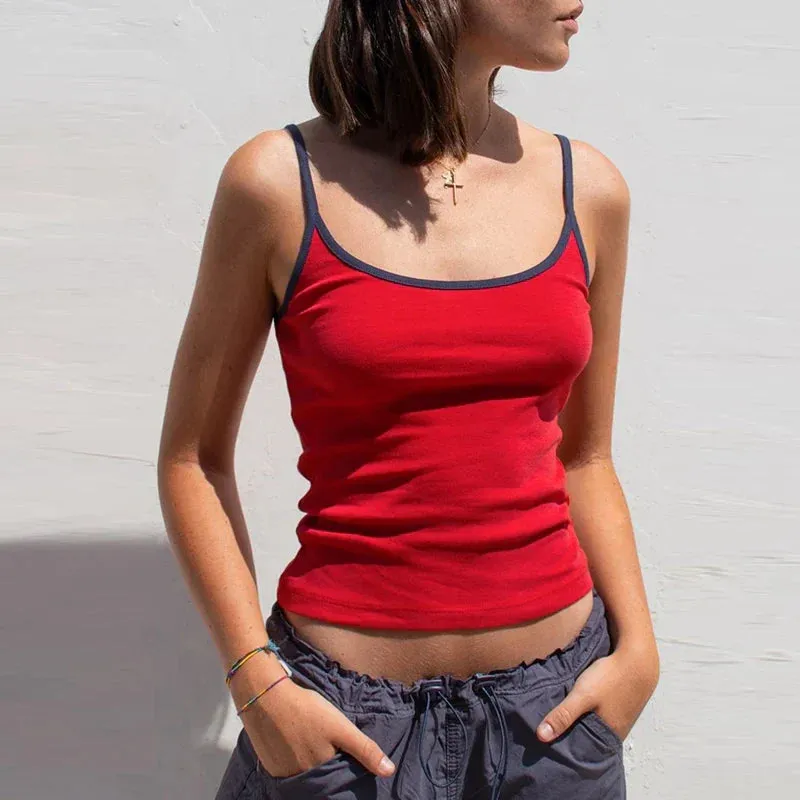 Y2K Cute Contrast Trim Spaghetti Strap Vintage Aesthetic Cottage Crop Top