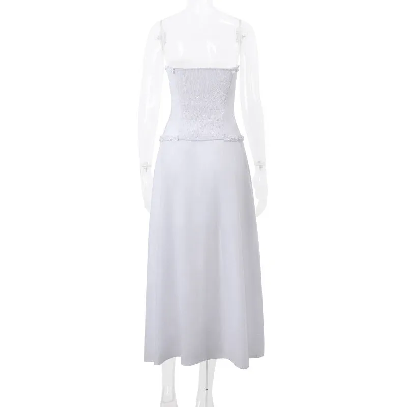 Y2K Strapless Lace Trim Bandeau Tops & Vintage White Long Skirt
