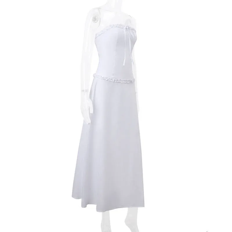 Y2K Strapless Lace Trim Bandeau Tops & Vintage White Long Skirt