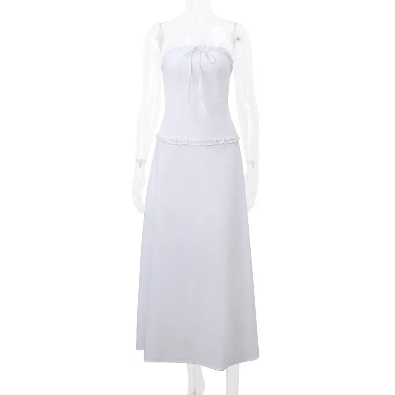 Y2K Strapless Lace Trim Bandeau Tops & Vintage White Long Skirt