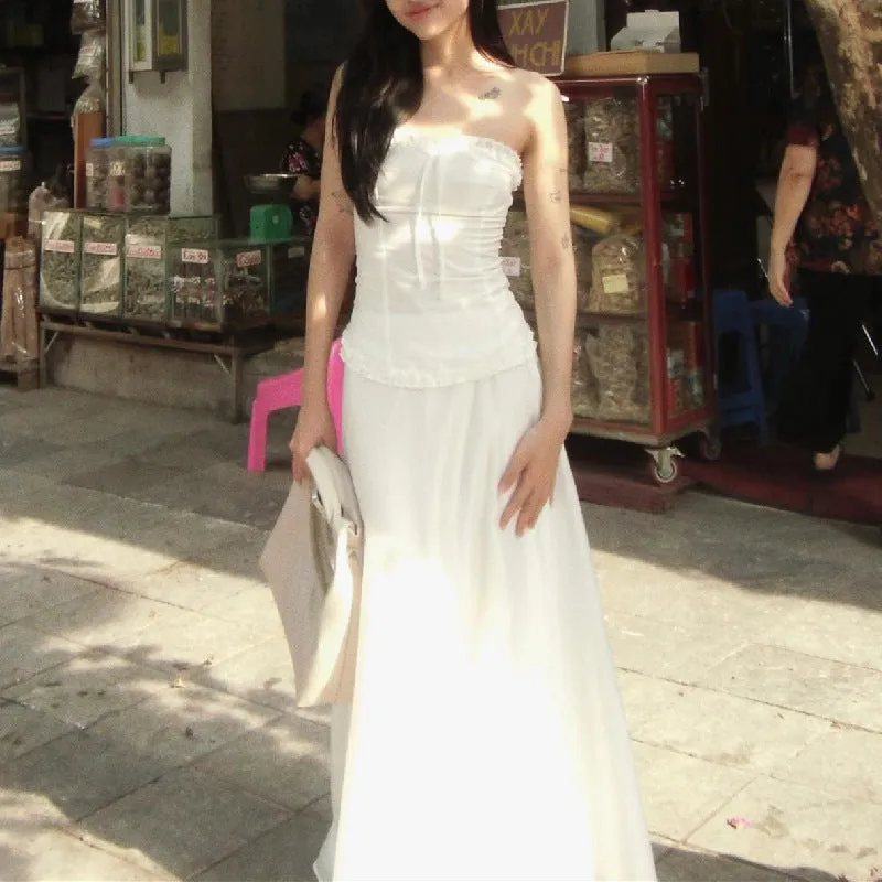 Y2K Strapless Lace Trim Bandeau Tops & Vintage White Long Skirt