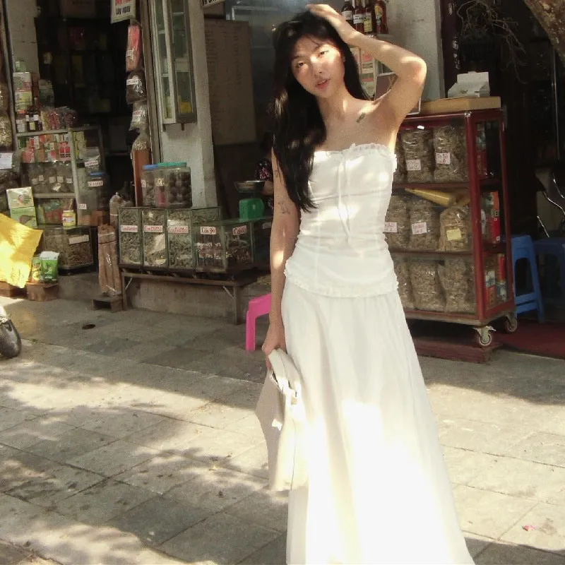 Y2K Strapless Lace Trim Bandeau Tops & Vintage White Long Skirt
