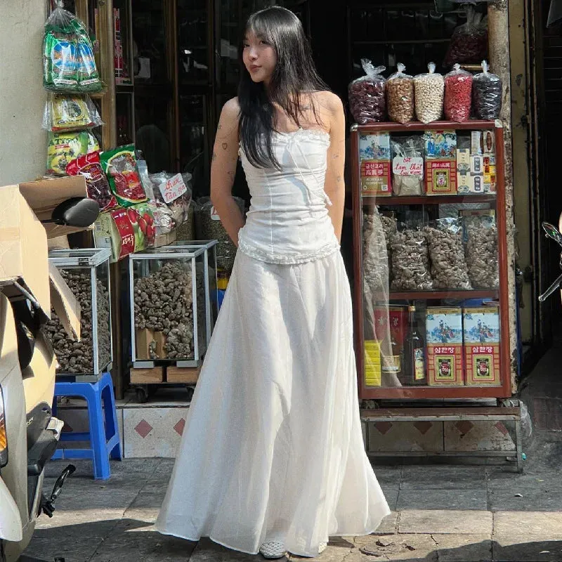 Y2K Strapless Lace Trim Bandeau Tops & Vintage White Long Skirt