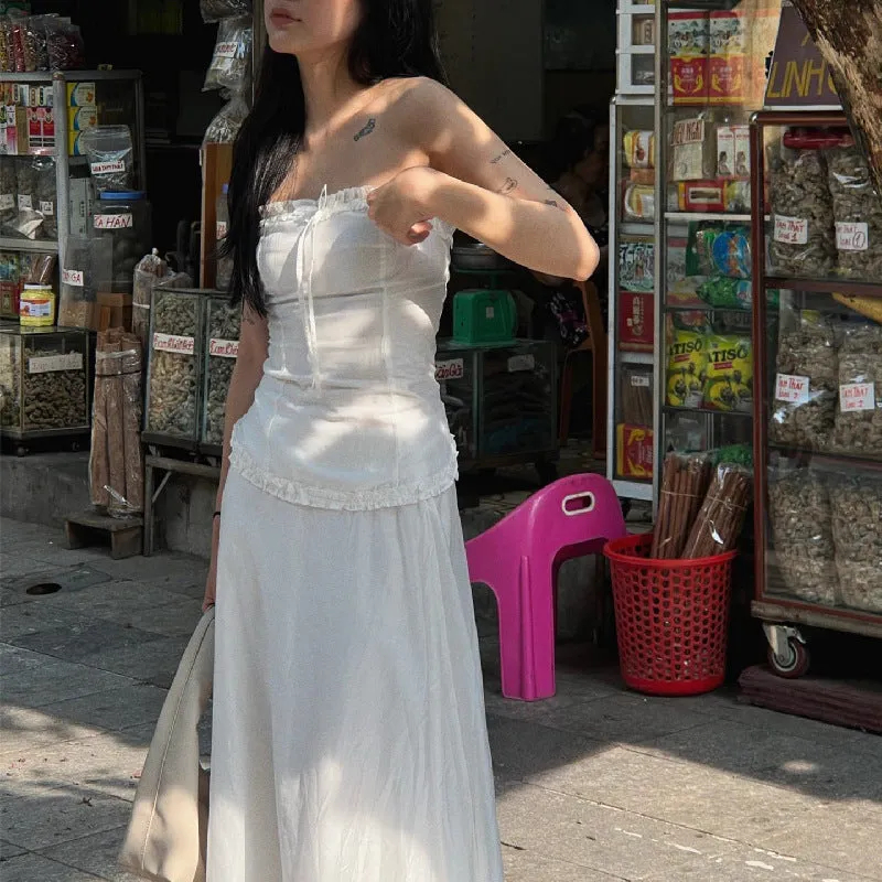 Y2K Strapless Lace Trim Bandeau Tops & Vintage White Long Skirt