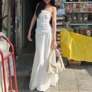 Y2K Strapless Lace Trim Bandeau Tops & Vintage White Long Skirt