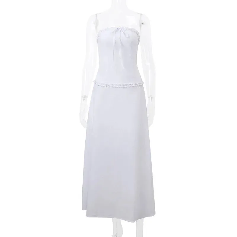 Y2K Strapless Lace Trim Bandeau Tops & Vintage White Long Skirt