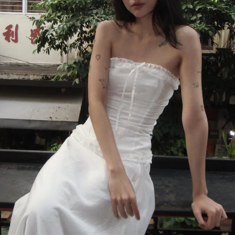 Y2K Strapless Lace Trim Bandeau Tops & Vintage White Long Skirt