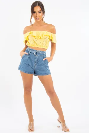 Yellow Broderie Lace Bardot Crop Top - Jaidy
