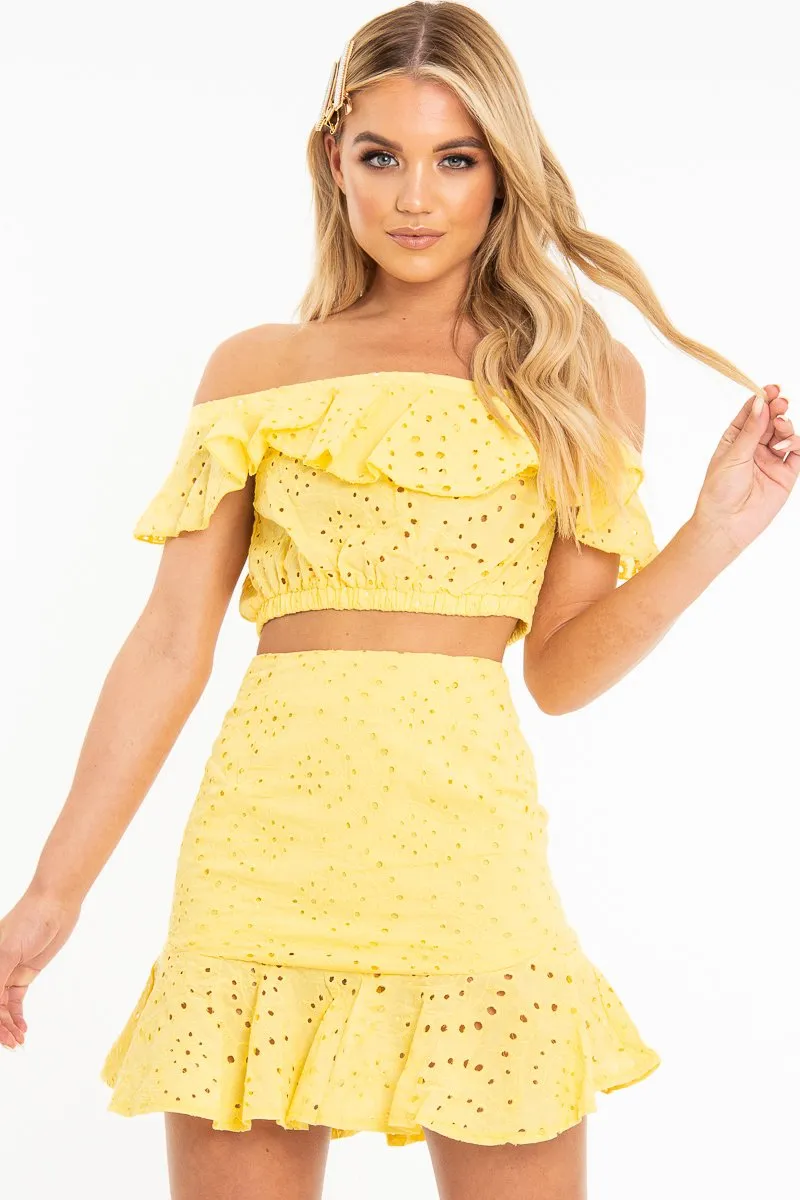 Yellow Broderie Lace Bardot Crop Top Skirt Co-Ord - Dahlia