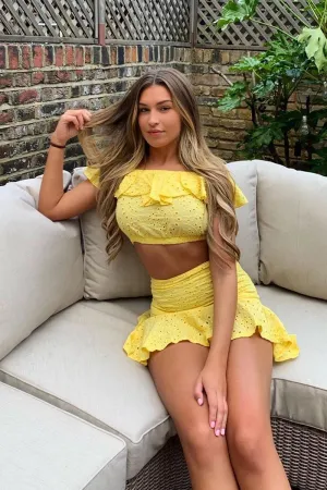 Yellow Broderie Lace Bardot Crop Top Skirt Co-Ord - Dahlia