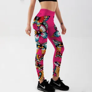 YogaHarem Women's Leggings Butterflies Printed Pink Workout Pant