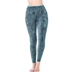 ZENANA MINERAL WASH WIDE WAISTBAND FULL LENGTH LEGGINGS DEEP AQUA   SP-80077