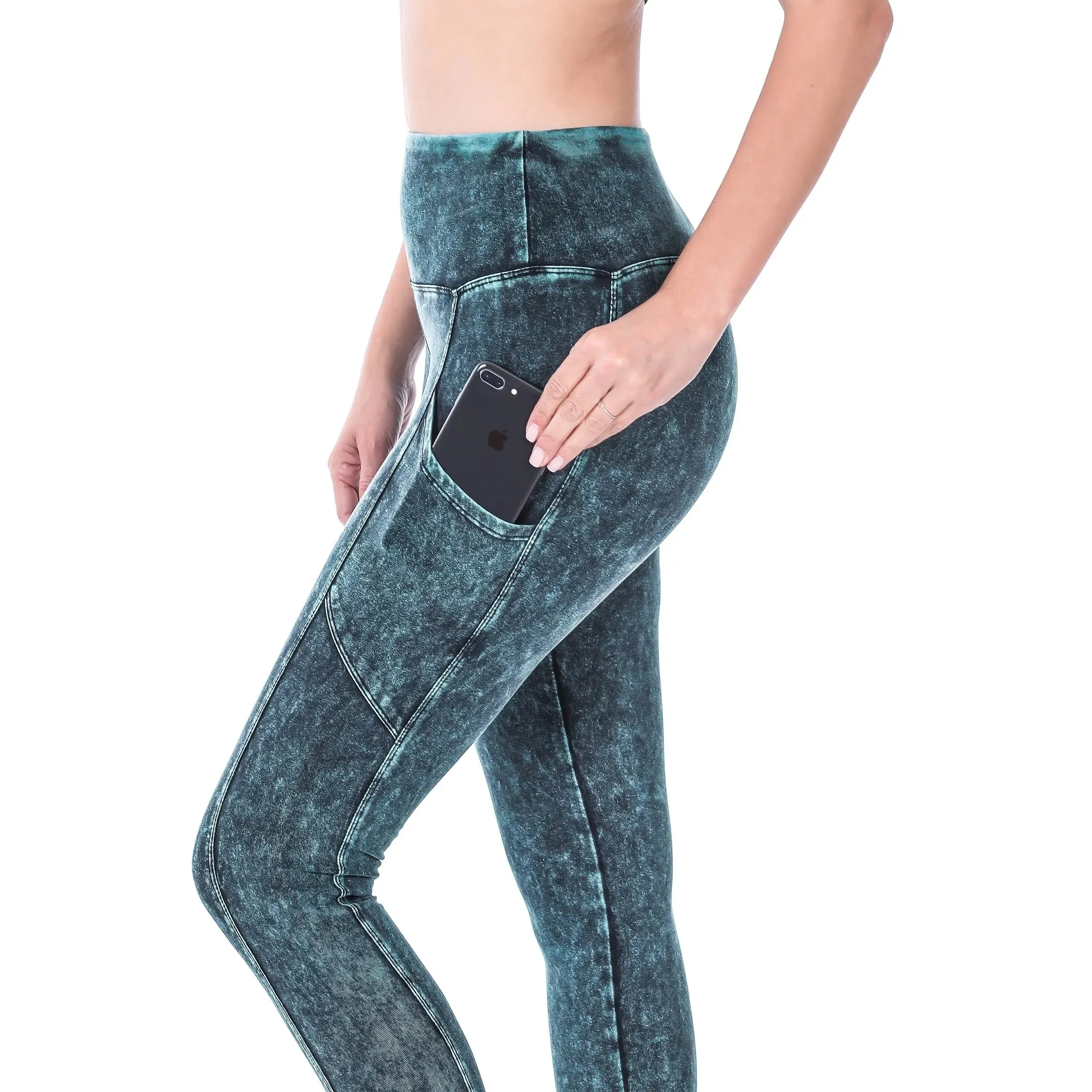 ZENANA MINERAL WASH WIDE WAISTBAND FULL LENGTH LEGGINGS DEEP AQUA   SP-80077