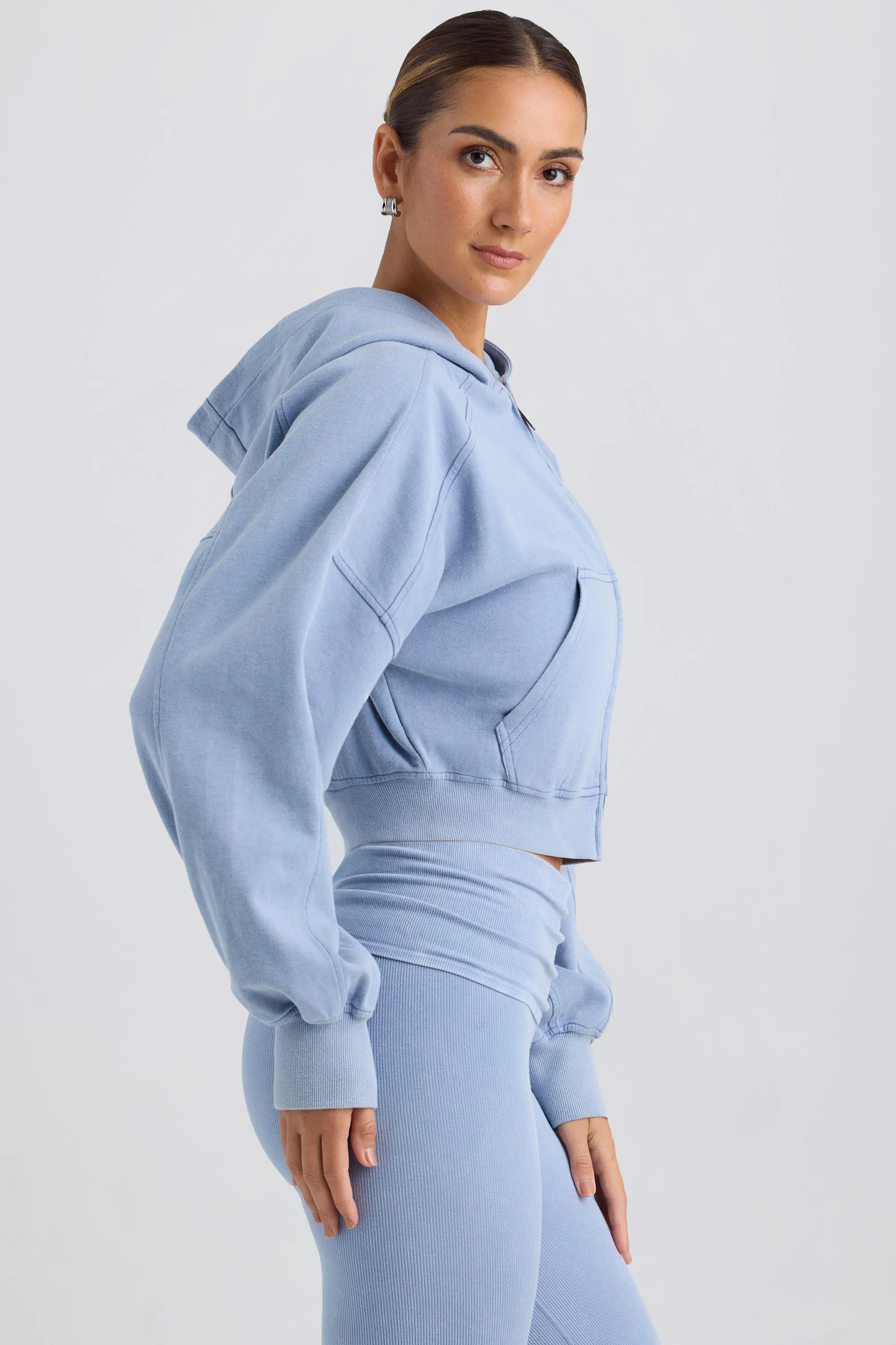 Zip-Up Cropped Hoodie in Washed Blue