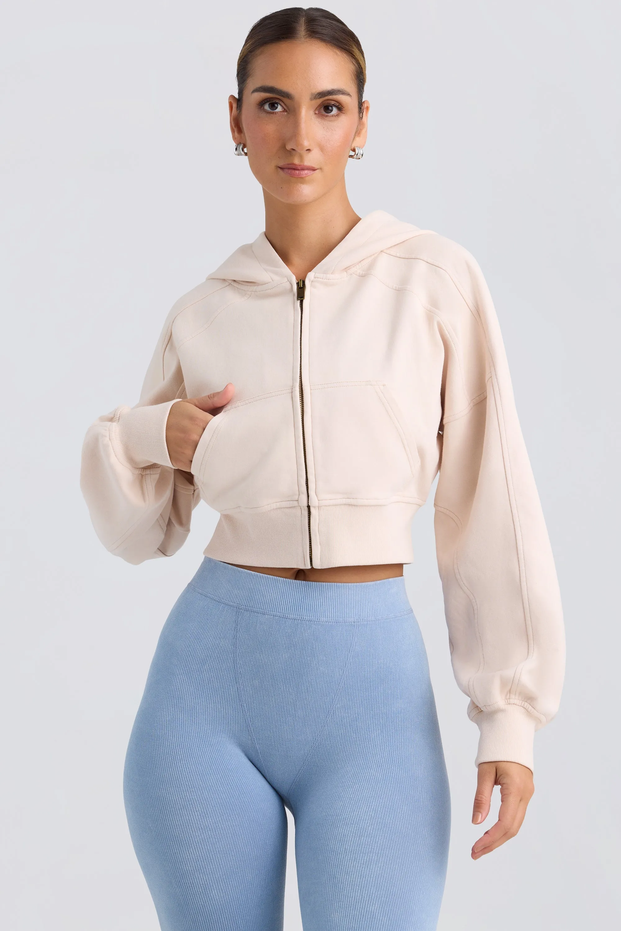 Zip-Up Cropped Hoodie in Washed Cream