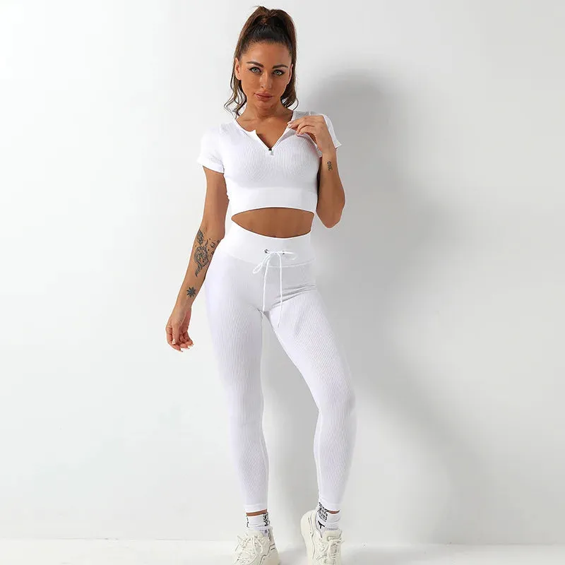 Zipper Seamless Yoga Set for Women - Short Sleeve Crop Top and Drawstring Leggings