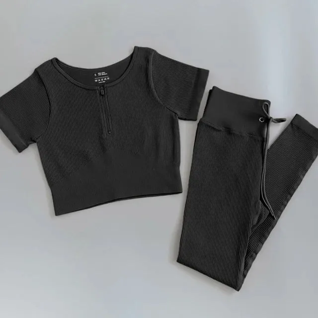 Zipper Seamless Yoga Set for Women - Short Sleeve Crop Top and Drawstring Leggings